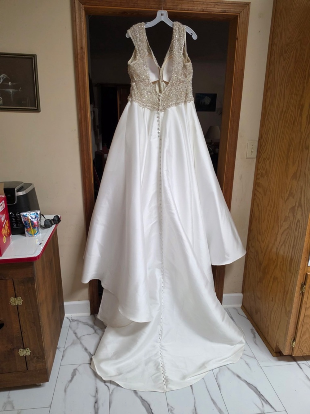 Ivory Satin Ball Gown with Beaded Gold Bodice